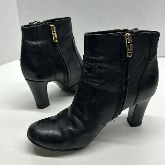 Tory Burch Milan Ankle Boots Block High Heel Booties Leather Black Gold  7.5 - Picture 5 of 11
